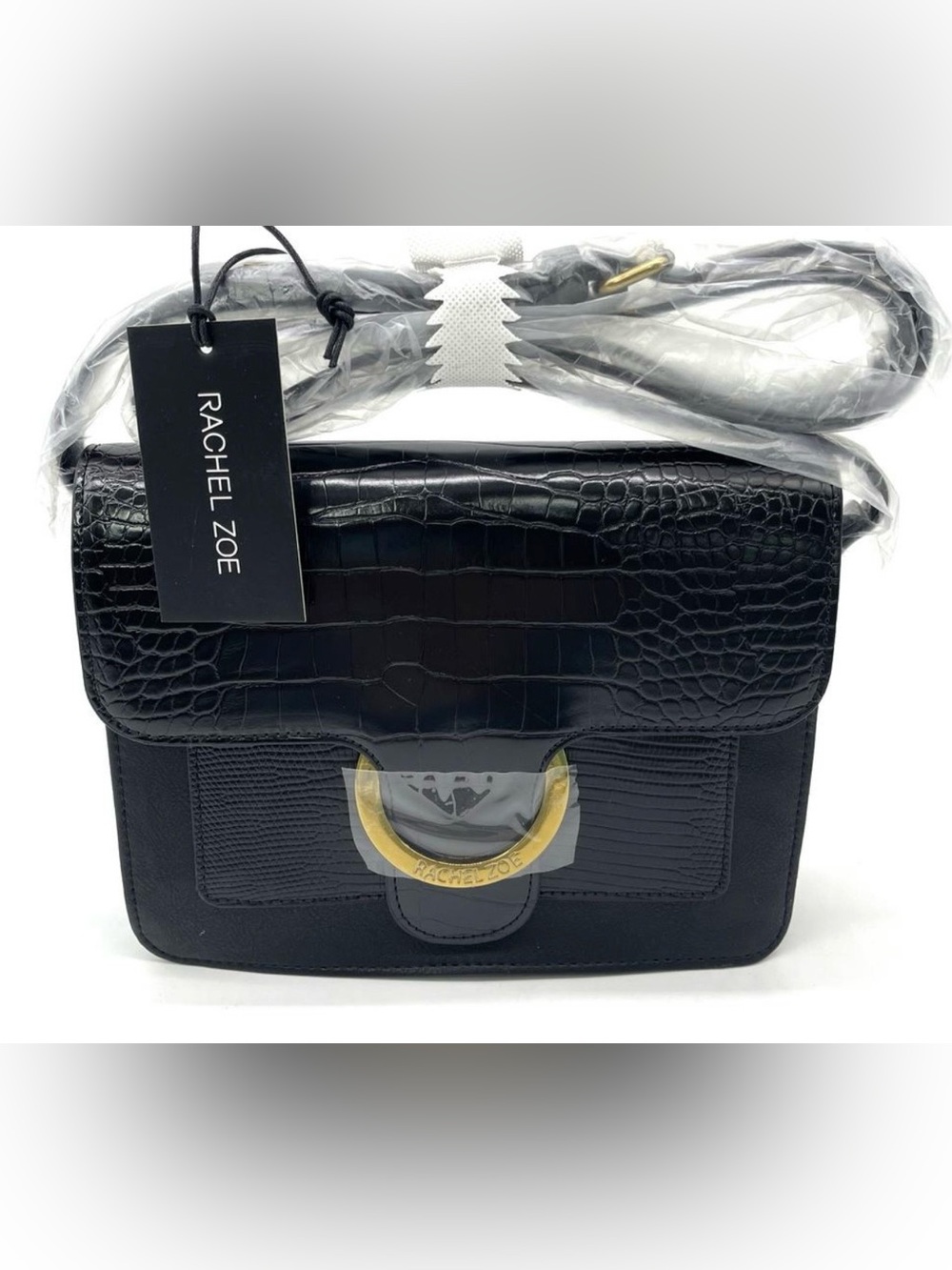 NWT Rachel Zoe Black Croc-Embossed Crossbody with Gold Accents - Picture 2 of 7